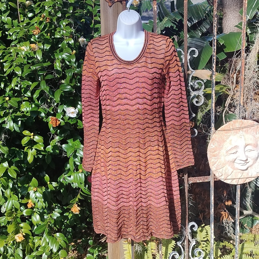 Missoni 90 s vintage metallic copper sunset woven long sleeve dress size 4/ 6